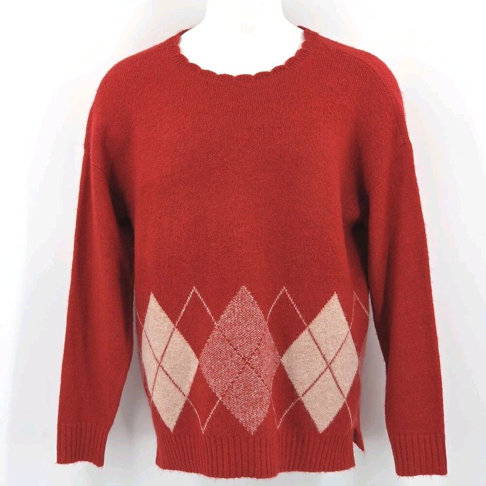 Ellle Argyle Sweater Womens Large Scalloped Neck Metallic Winter Academia Xmas